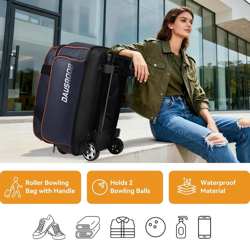 DAUSROOB 2 Ball Bowling Bag with Wheel,900D Oxford Waterproof PU,Dual Roller Bowling Bag with Sturdy Frame,Large Shoe Compartment Fits Up to Men’s 16,Rolling Bowling Tote, Handle Extends to 39.5" - Image 2